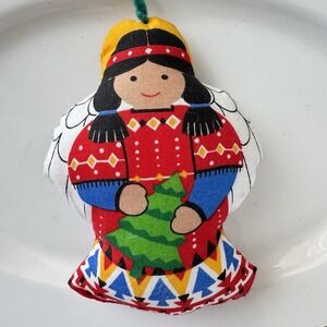 VTG Handmade Fabric Native American Doll Christmas Ornament Retro Kitsch